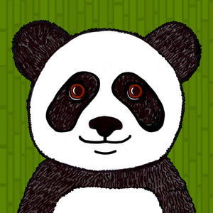 Detail of Parker the Panda art print featuring a black and white panda with brown eyes on a green bamboo background