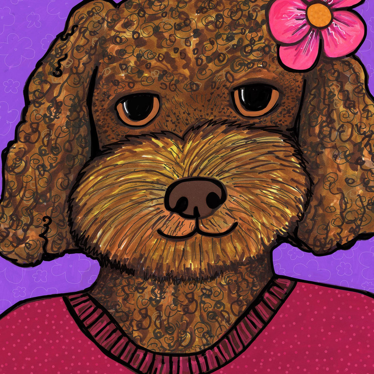detail of Lila the Golden Doodle art print featuring brown dog with brown eyes and nose wearing a red top and pink flower in her hair.