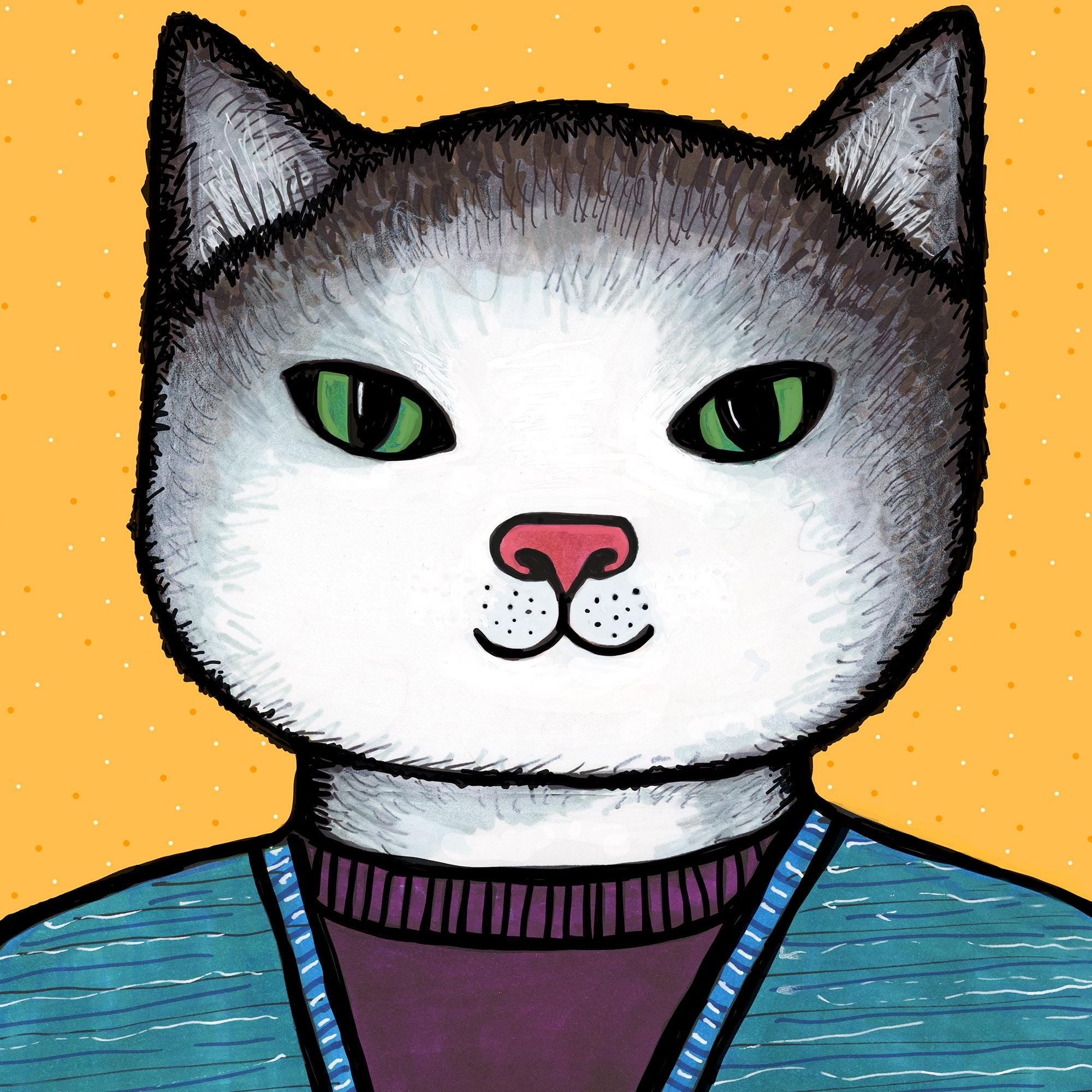 detail of Jenny the Cat art print showing her furry face and sweater