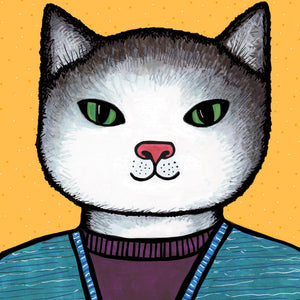 detail of Jenny the Cat art print showing her furry face and sweater