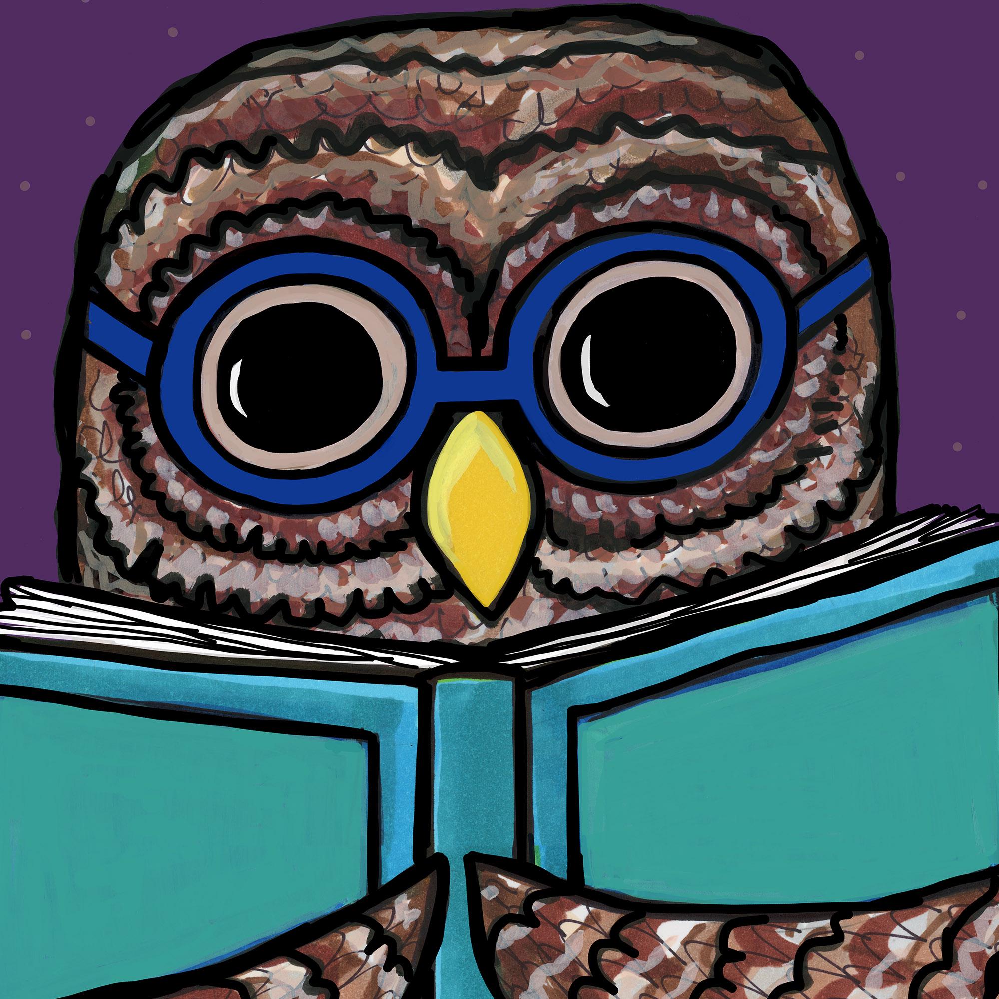 Detail of owl art print showing the bird's blue eyeglasses, feathers and book
