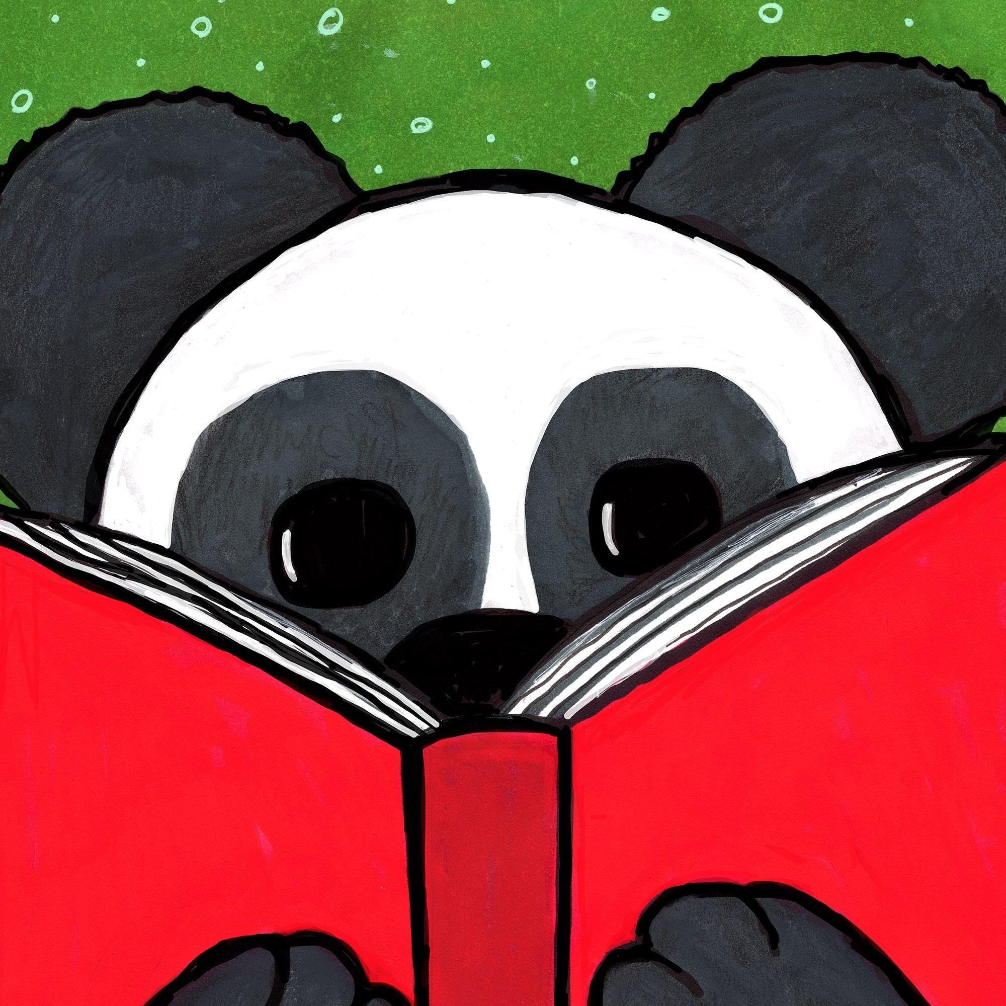 detail of Mandy Panda art print showing the details of the fur and book