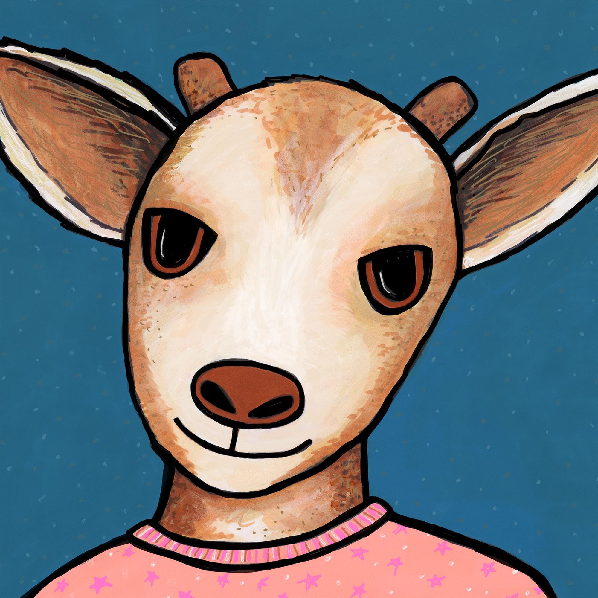 detail of Goldie Goat art print featuring her face
