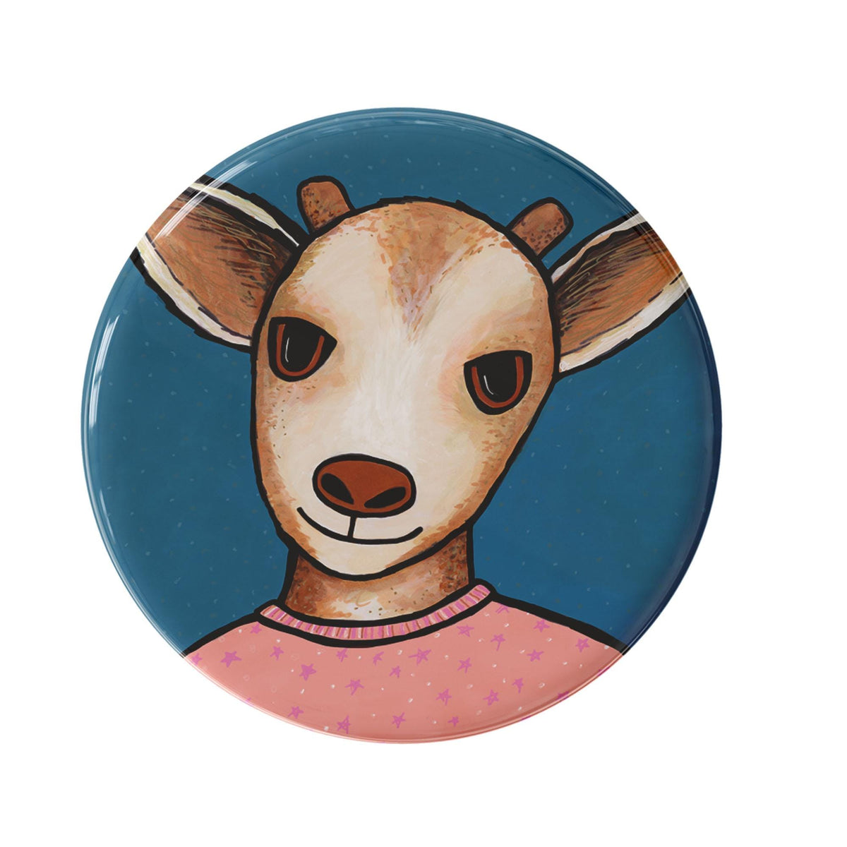 round button with a hand drawn goat in pink pajamas - shown on a white background