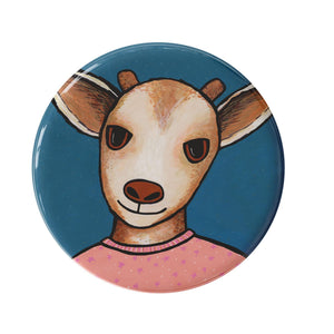 round button with a hand drawn goat in pink pajamas - shown on a white background