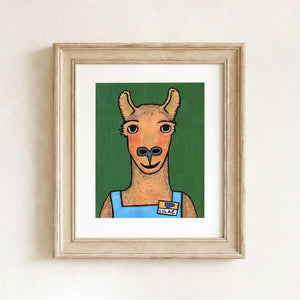 Lilac Llama print shown in a light wood frame with a white mat