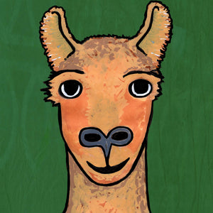 detail view of Lilac Llama's face showing details of the drawing