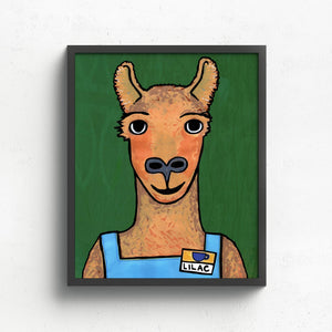 8x10 art print of Lilac Llama the Barista - brown llama looking straight at the viewer. They are wearing a blue apron and a name tag that says Lilac with a coffee cup. The background is green with subtle wavy vertical lines. Shown in a black frame which is not included.
