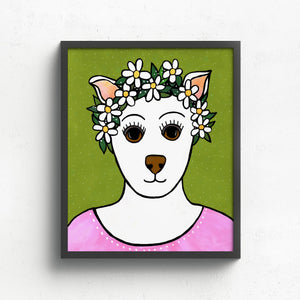 8x10 Falline the Fairy Dog Princess art print features a white dog with brown nose and eyes with a daisy and leaf crown. She is wearing a pink dress with white dot accents. The background is light green with white polka dots. It is shown in a black frame which is not included.