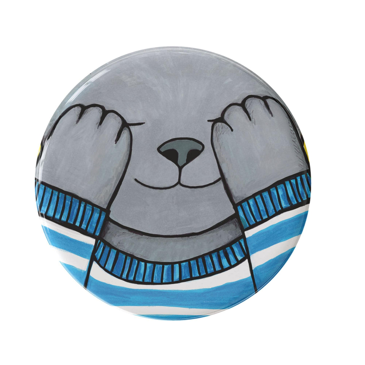 round button with a gray cat hiding her eyes to play hide n seek or peek a boo. the cat is wearing a blue and white striped sweater.