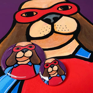 View of buttons with super hero dog print
