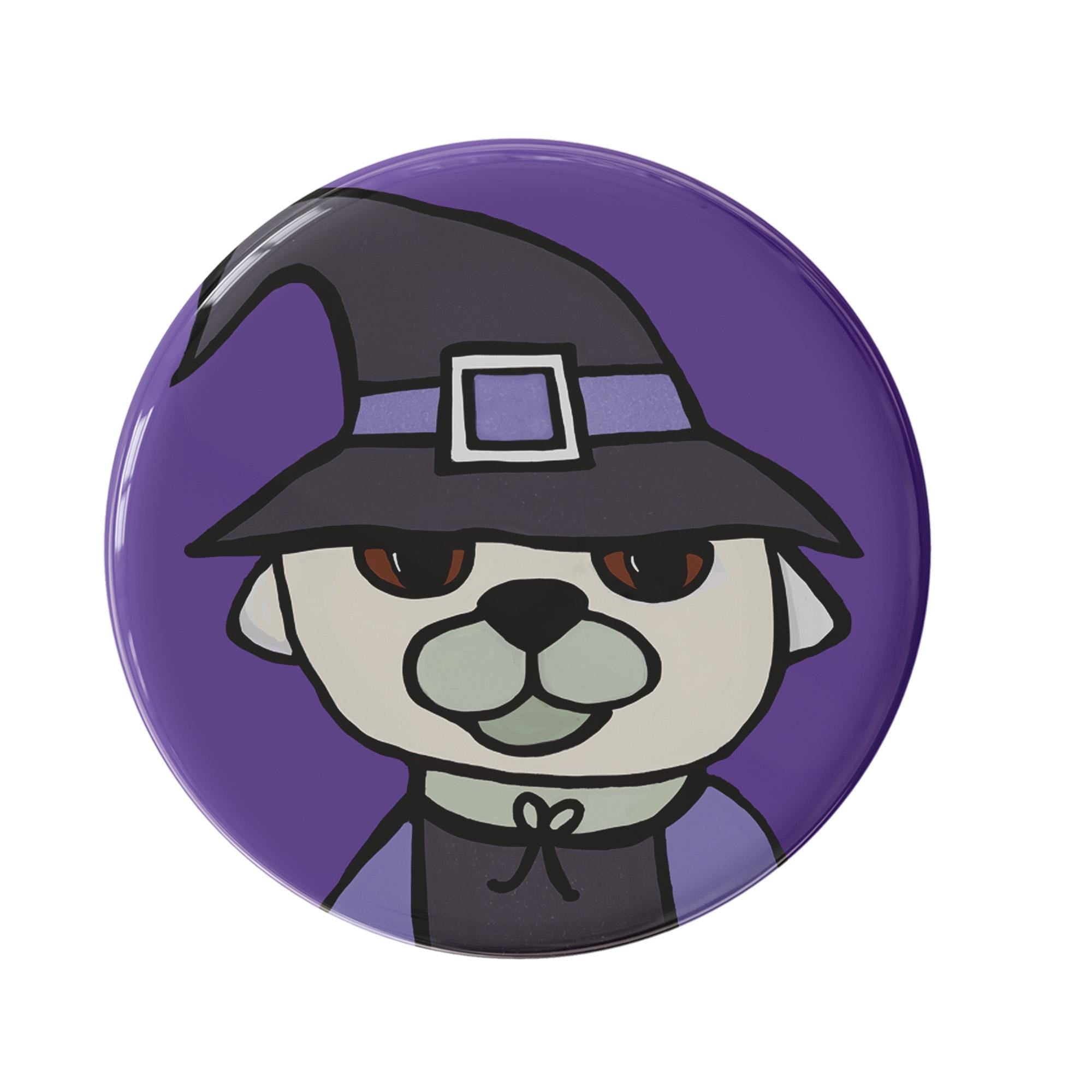 round purple button with pug dog dressed as a witch