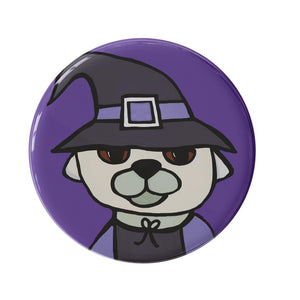 round purple button with pug dog dressed as a witch