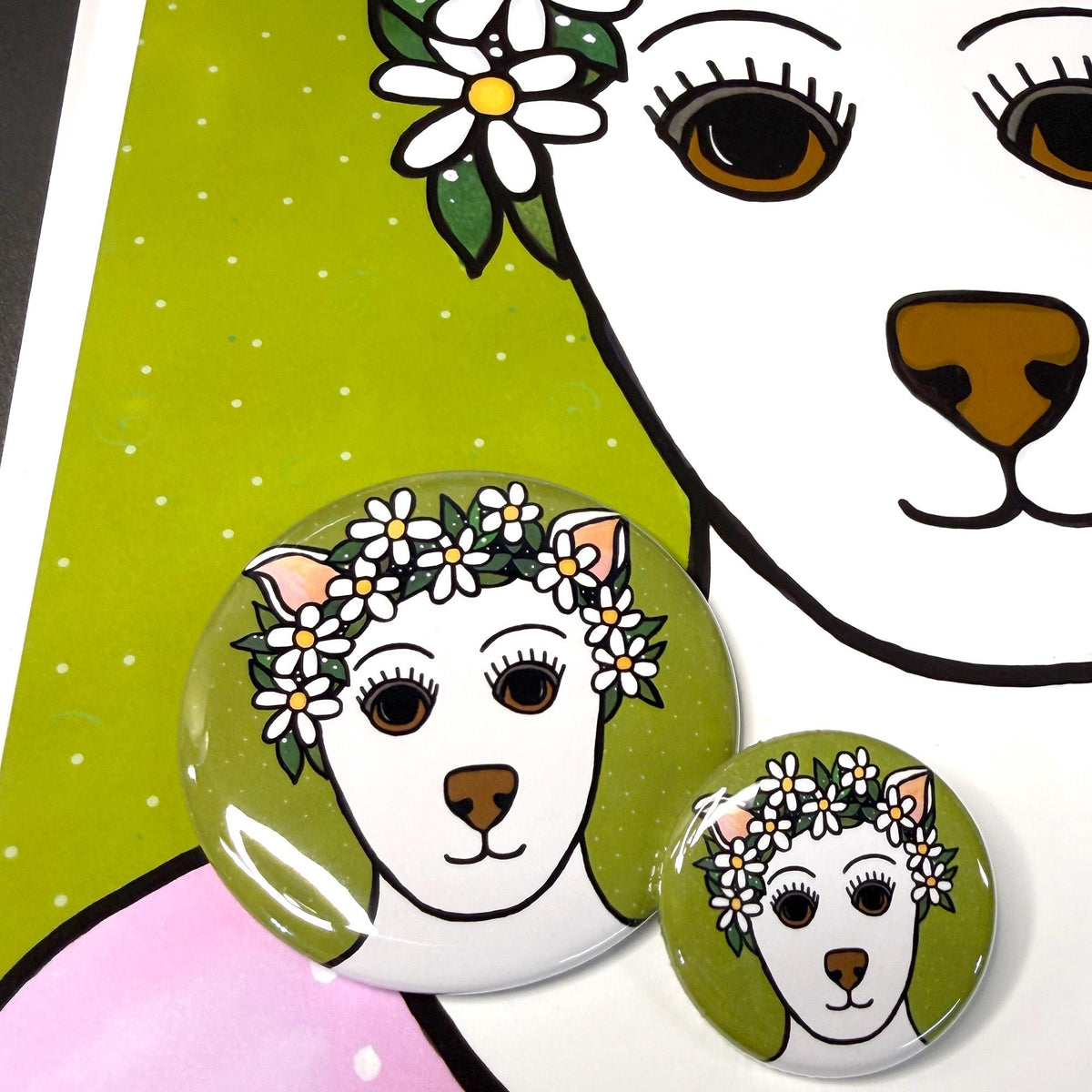round fairy dog buttons on fairy dog print