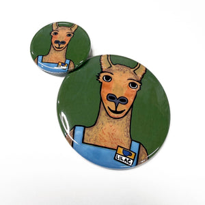 comparison view of 2.25 inch and 1.25 inch llama buttons on a white background