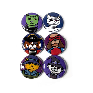 Halloween Magnet or Pin Set featuring cats and dogs in costumes - green cat as frankenstein's monster, mummy cat, pirate dog, super hero dog, scarecrow cat, and dog witch