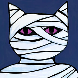 detail of Cat Mummy's face showing bandages wrapping everything including the ears. Purple eyes star at you.