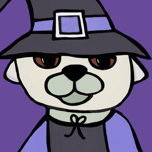 detail of Pug Witch's face. A cream colored pug dog with gray muzzle, brown eyes and purple and black witch costume