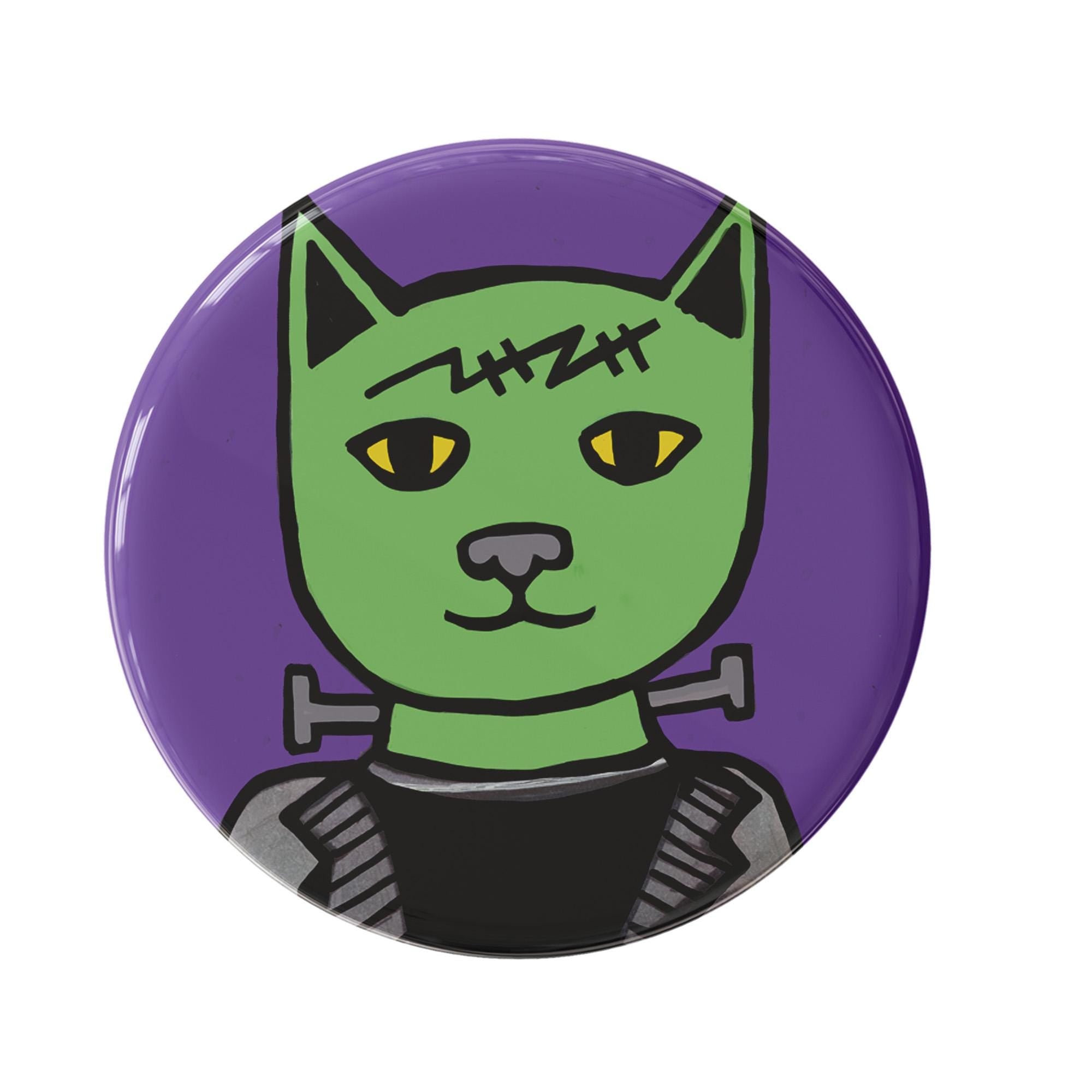 round purple button with green monster cat with forehead scar, pointy ears, and neck bolts wearing a black suit.