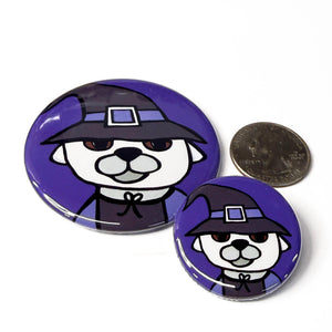 2.25 inch and 1.25 inch Witch Dog button shown next to a US quarter