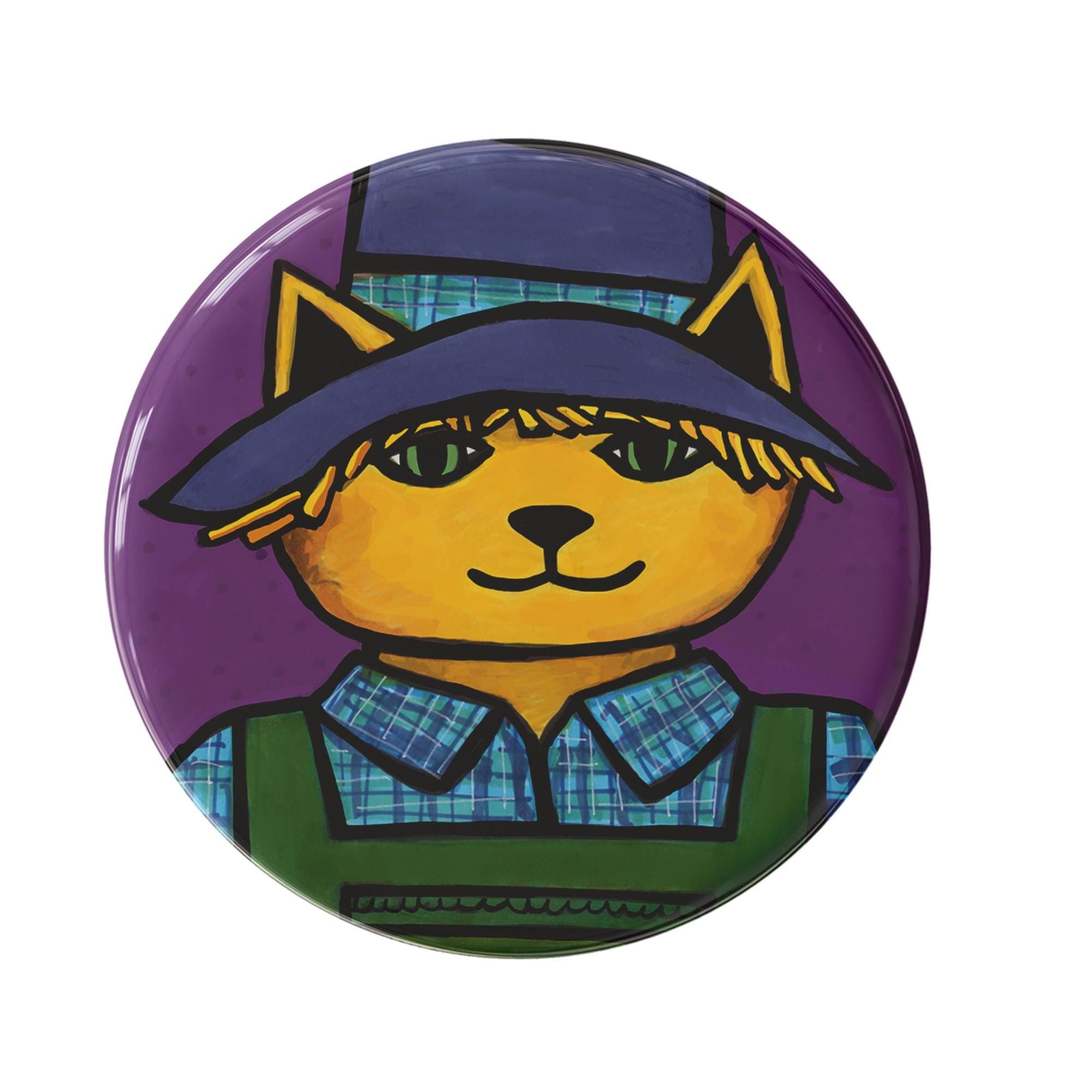 round purple button with yellow cat dressed as a scarecrow