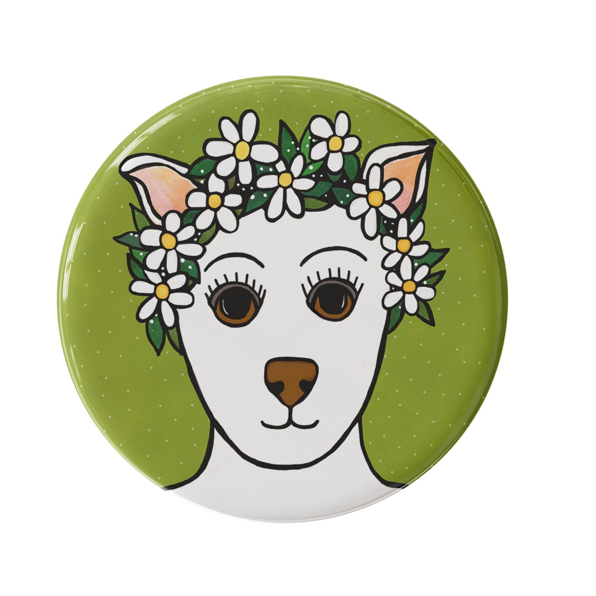 round fairy dog button featuring a white dog in a daisy crown on a green background
