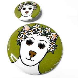comparison view of 2.25 inch and 1.25 inch fairy dog buttons