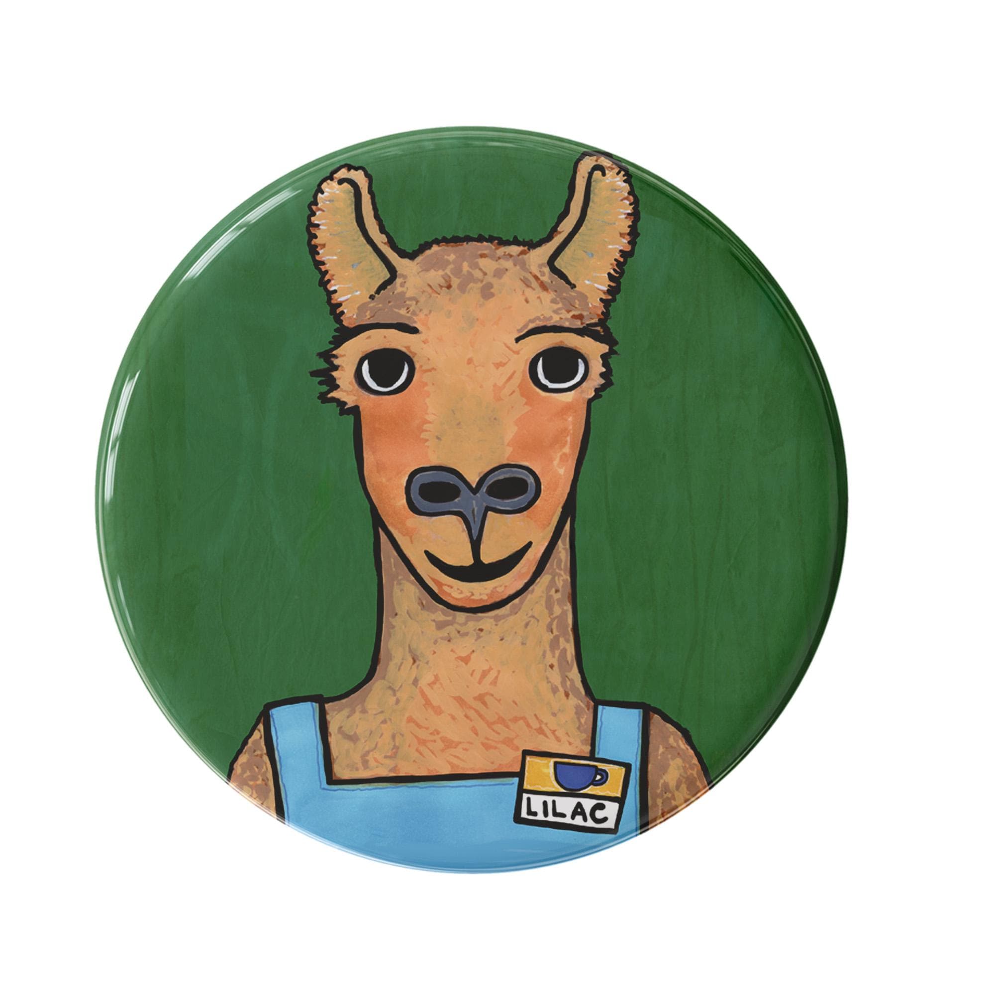 Lilac the Llama button shown on white. Design features a brown llama in a blue apron with coffee shop name tag saying Lilac. The background is green.
