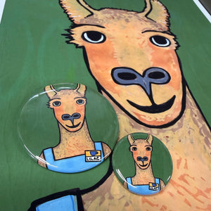 llama buttons shown with Lilac the Llama print