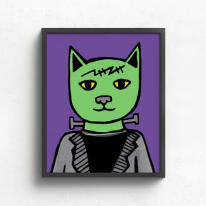 Frankenstein's Cat - 8x10 art print shown in sample black frame featuring a green cat with the iconic Frankenstein's monster scar and neck bolts. Its wearing a black suit and the background is purple.