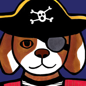 detail view of Pirate Dog's face featuring brown and white fur, brown eyes and nose, and eye patch
