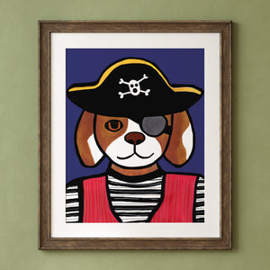pirate dog art print shown in a brown wood frame and white mat on a green wall