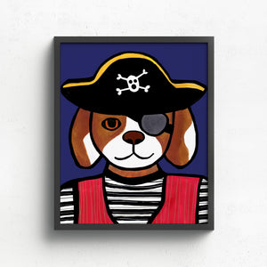 Pirate Dog Art Print shown in a black frame on a white wall. Art features a brown and white dog in a pirate costume including black skull and crossbones hat, red vest, black and white striped shirt, and eye patch. The background is dark blue.