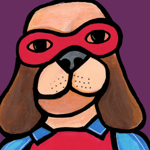 detail view of Super Hero Dog's face including his long ears, brown eyes, and red mask