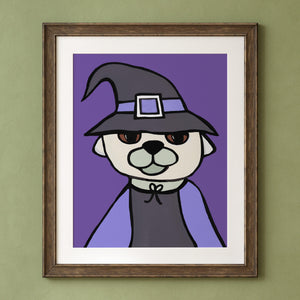 Pug Witch art print shown in a brown frame with white mat on a green wall