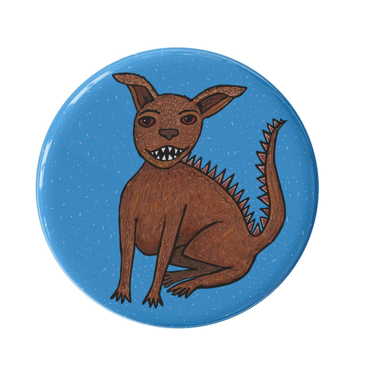 round blue button with chupacabra - hand drawn mythical creature with sharp teeth and spikes along his back