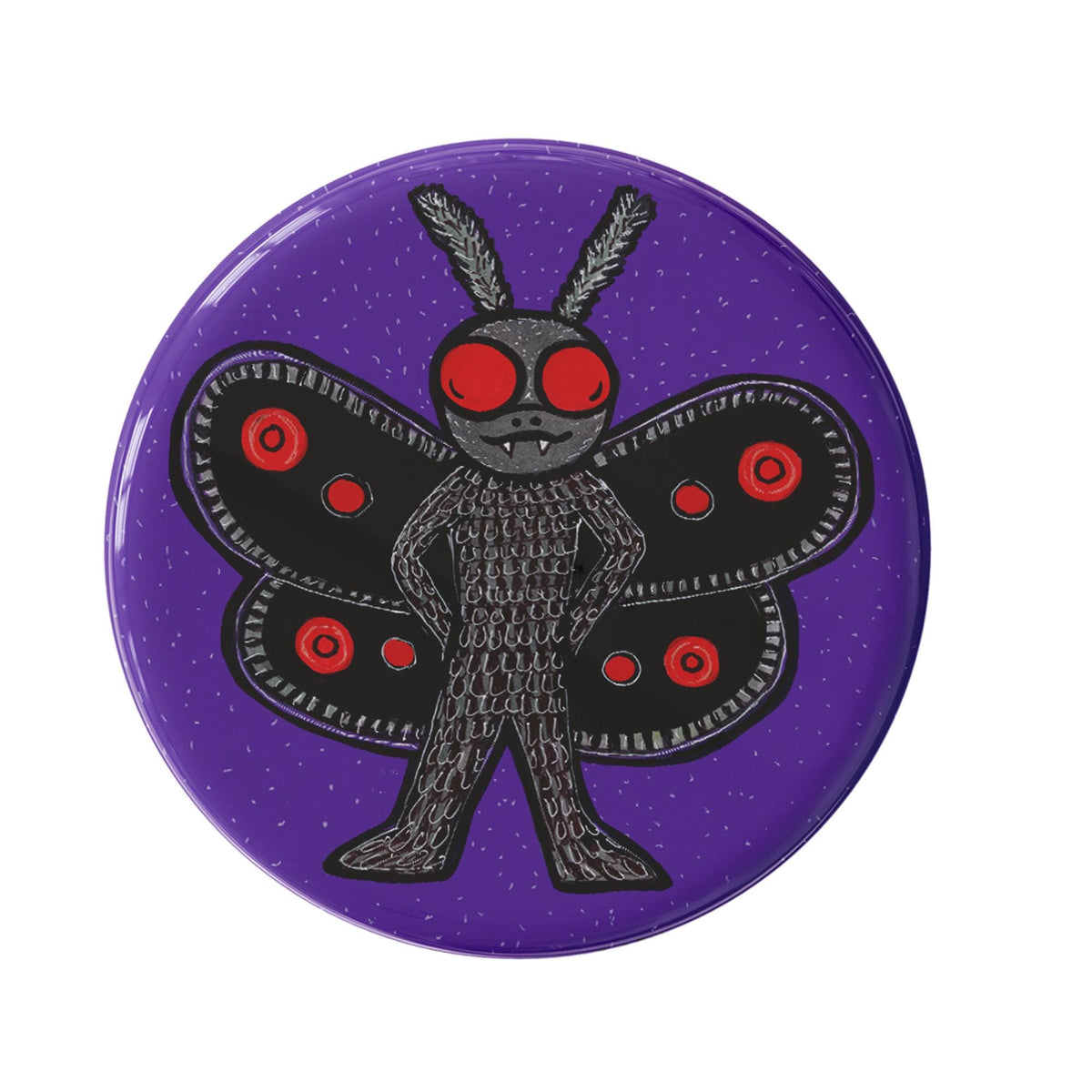 Mothman button - round purple button with hand drawn mothman - humanoid body with hands on hips, wings with red spots, and head with large red eyes and moth antennas