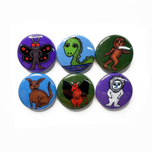 legendary mythical creatures set of pins or magnets - mothman, loch ness monster, chupacabra, Jersey Devil, and yeti