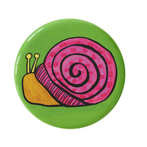 round snail button - green background with yellow snail with pink shell