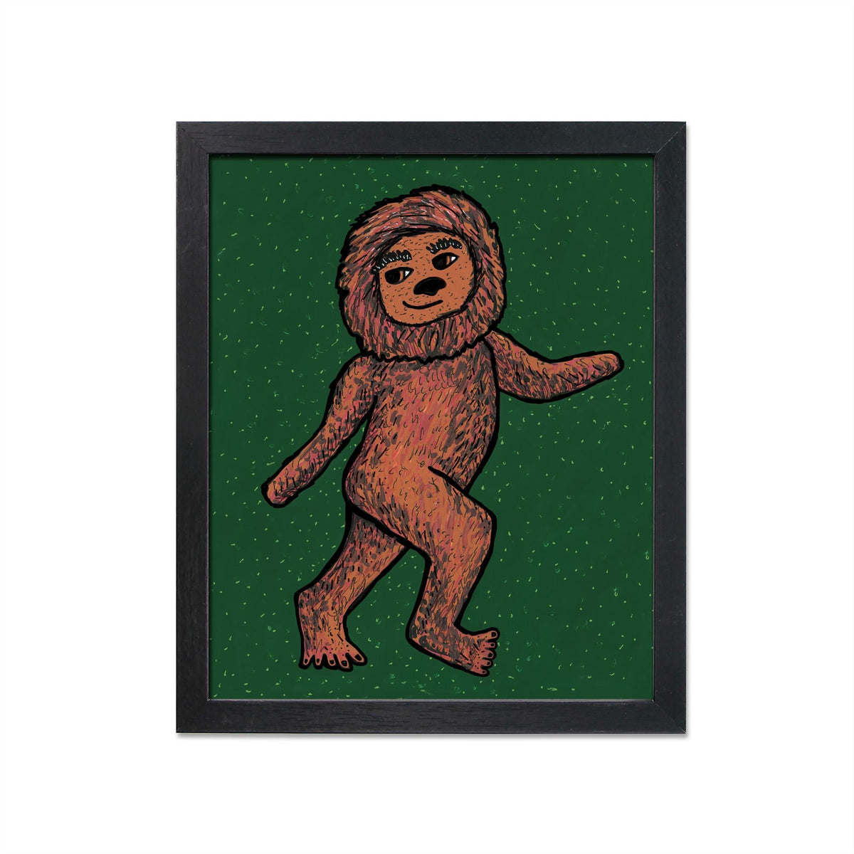 Bigfoot art print shown in black frame. Bigfoot is walking away with a sly smile and looking over his shoulder. The background is green.