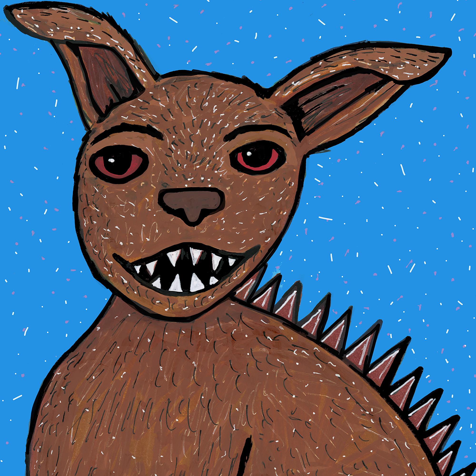 Detail view of chupacabra's face highlighting his sharp teeth, red eyes and large ears