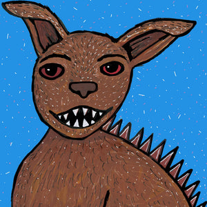 Detail view of chupacabra's face highlighting his sharp teeth, red eyes and large ears