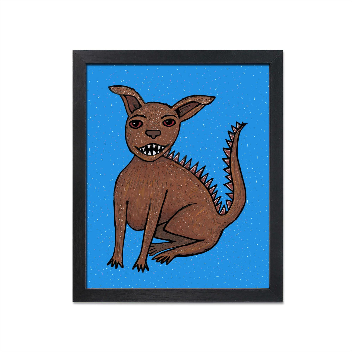 chupacabra art print in a black frame - brown dog like body with spikey back and tail, large ears, red eyes and sharp teeth