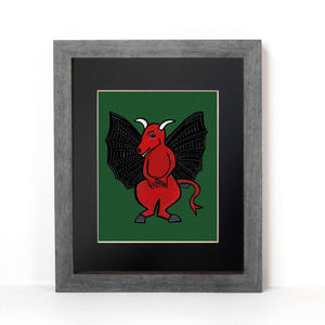 alternate view of Jersey Devil print in a gray frame with black mat