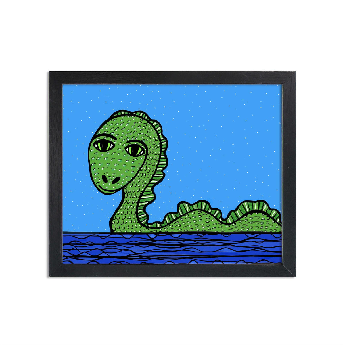 Loch Ness Monster art print in a black frame on a white wall - green sea serpent looking towards the viewer with larger eyes and snake like body rising from the water. Background is a lighter blue wth white dots.