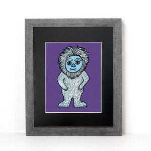 Yeti art print in a gray frame with black mat