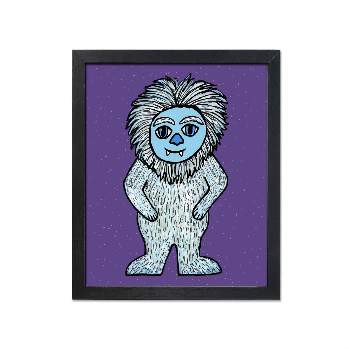 8x10 inch art print of a Yeti with blue and white fur on a purple background with dot accents in a black frame