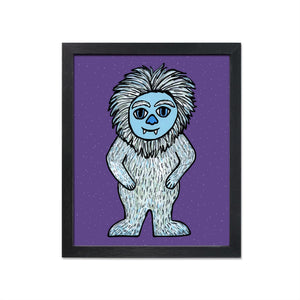 8x10 inch art print of a Yeti with blue and white fur on a purple background with dot accents in a black frame