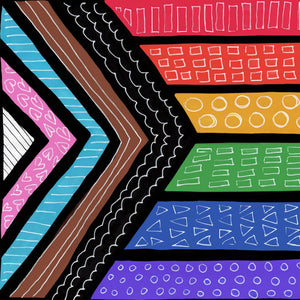 detail of pride flag showing decorative patterns on each color bar