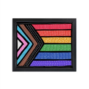 hand drawn progressive pride flag art print in black frame on white wall